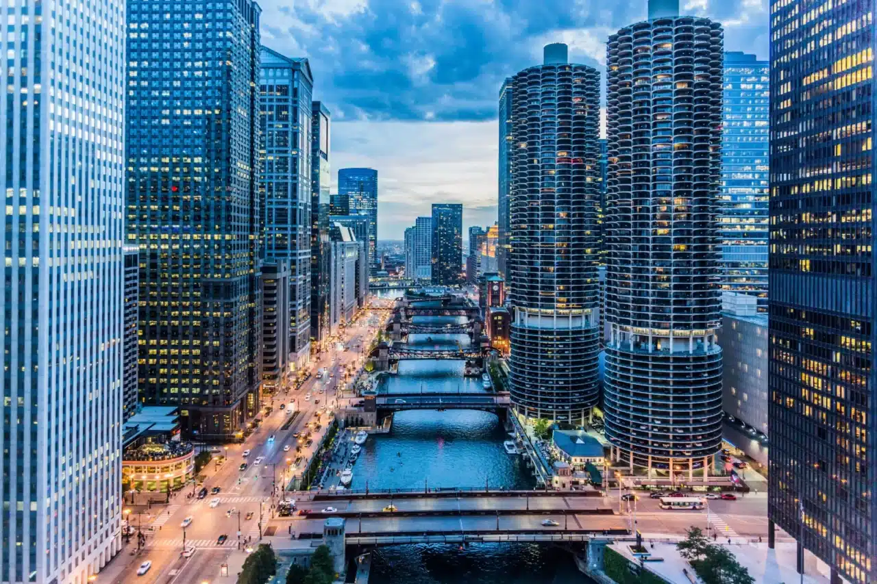 river, bridges, buildings