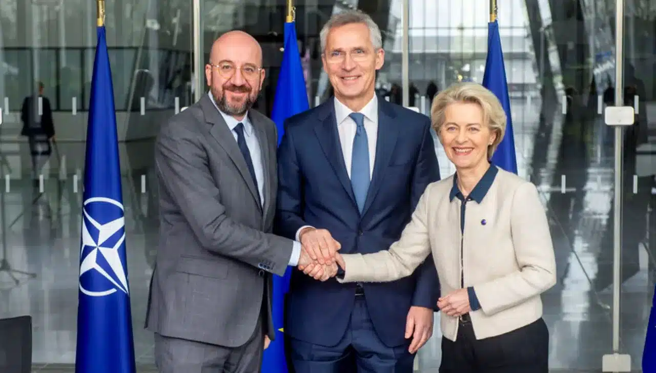 EU Council President Michel, NATO Secretary-General Stoltenberg, and EU Commission President von der Leyen.