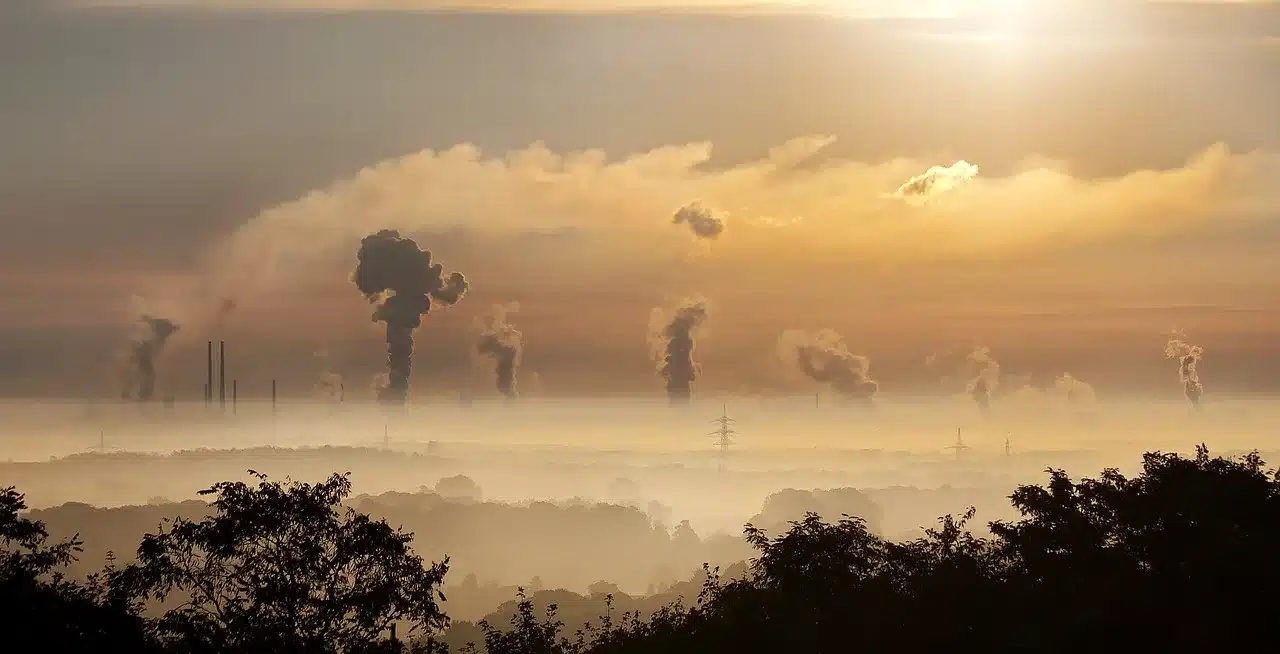 industry, sunrise, fog