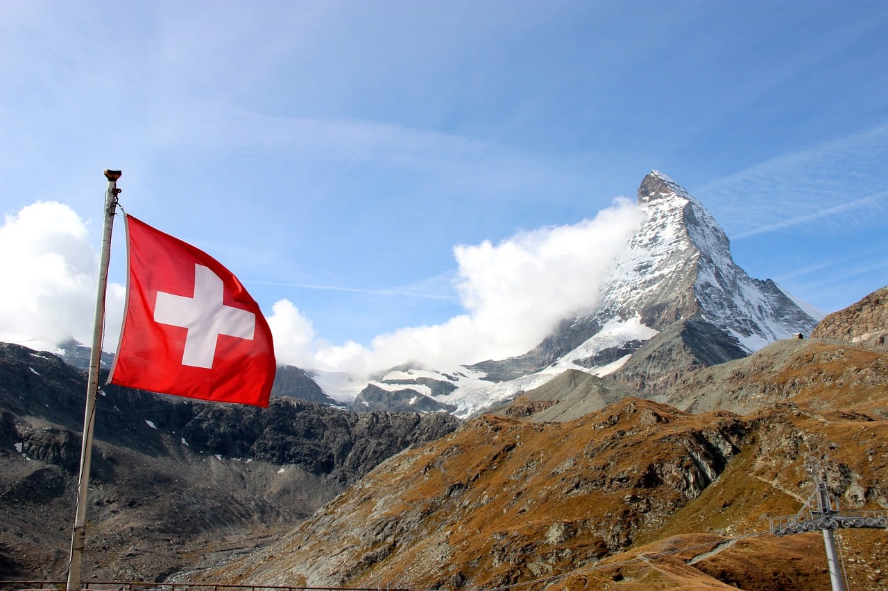 mountains, snow, swiss flag