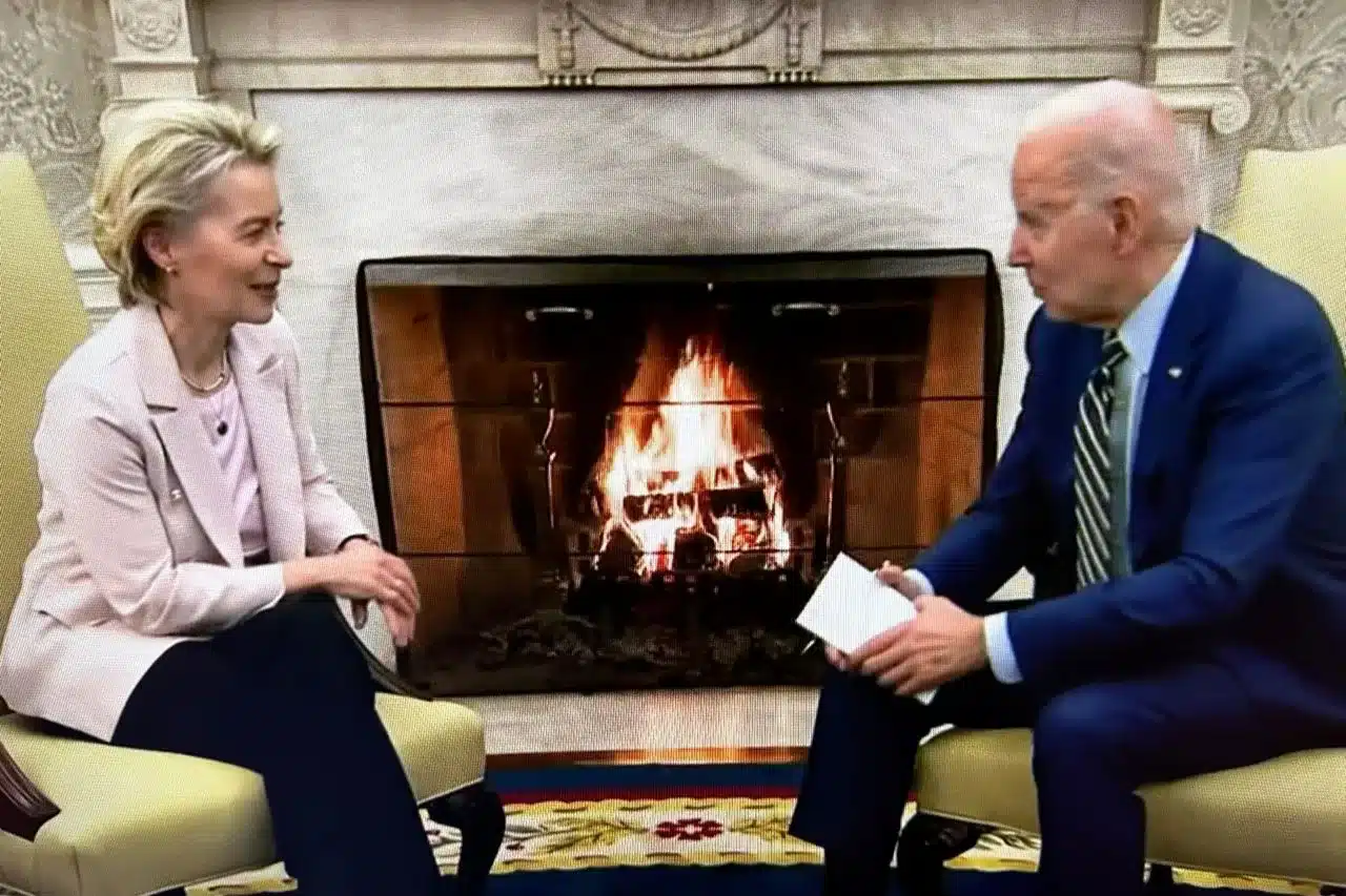 ursula von der leyen and joe biden fire-place