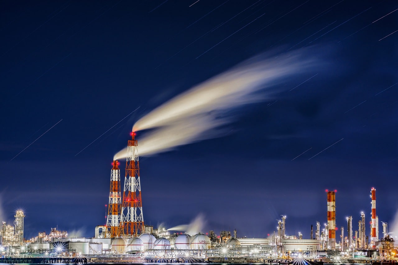 night view, oil-related plant, smoke