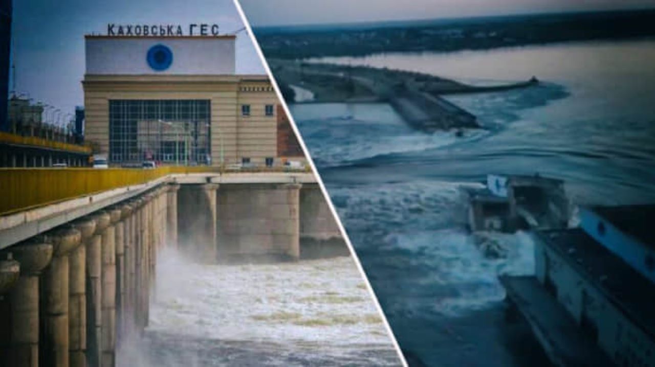 foto montage blown-up Kakhovka Hydroelectric Power Plant in Ukraine