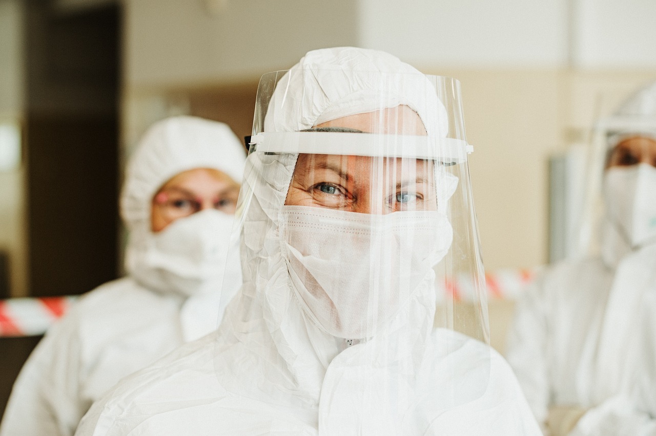 protective suit, face mask, face shield