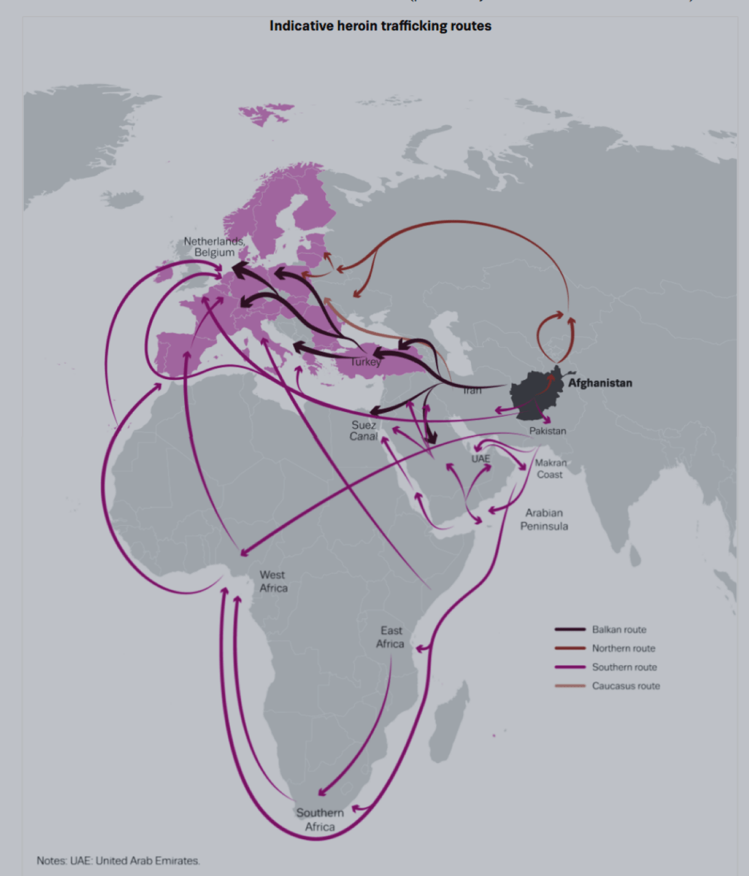 map of europe, routes of drug trafficking