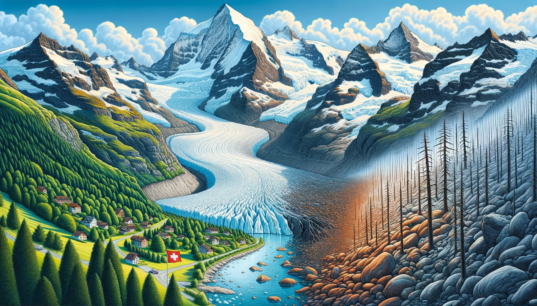 illustratiom of swiss mountains and climate change