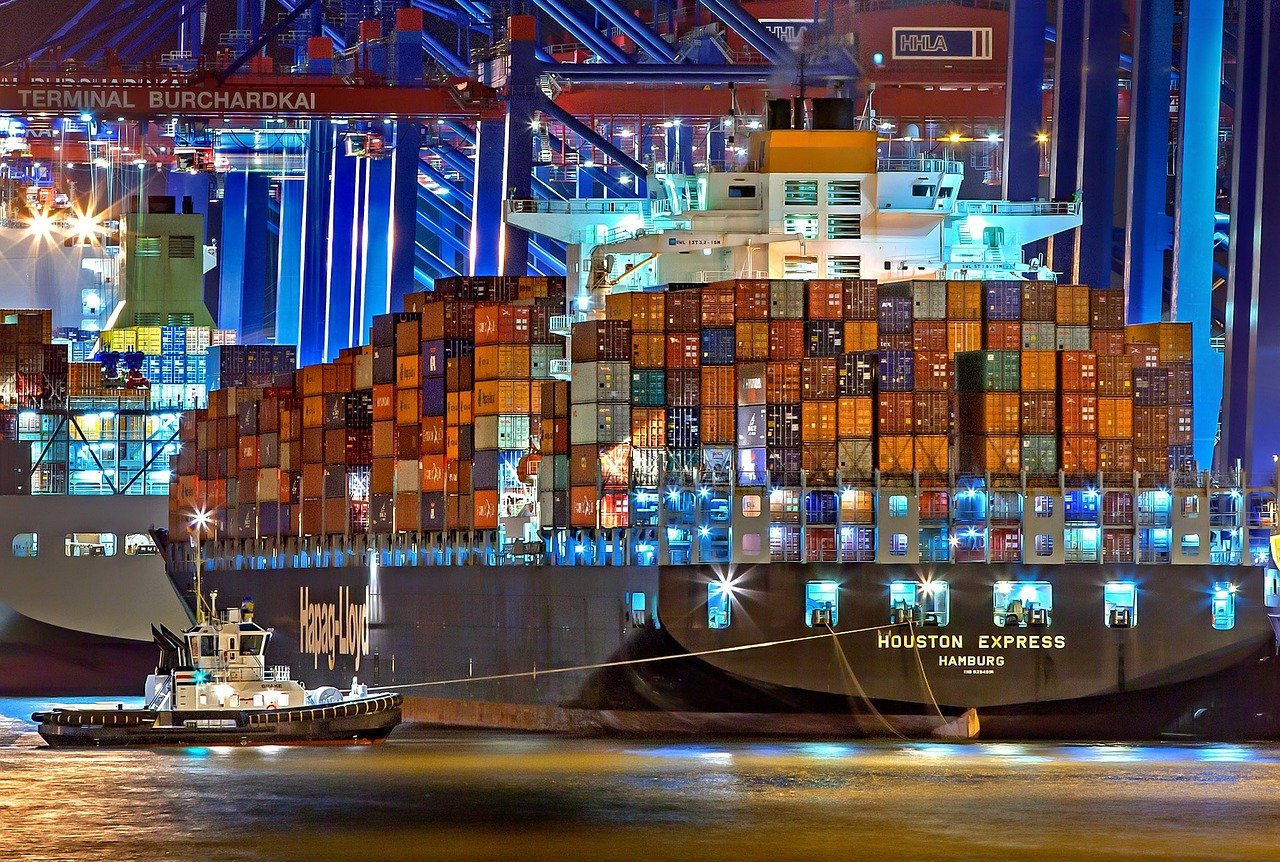 A gigantic container freighter in the port of Hamburg, Germany