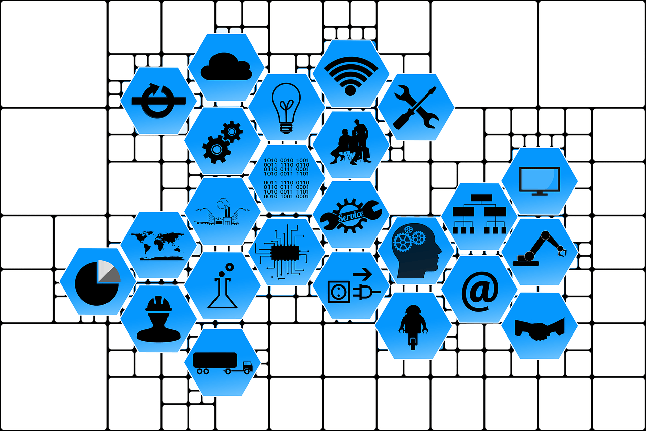 An illustration of hexagons with symbols for different industries.