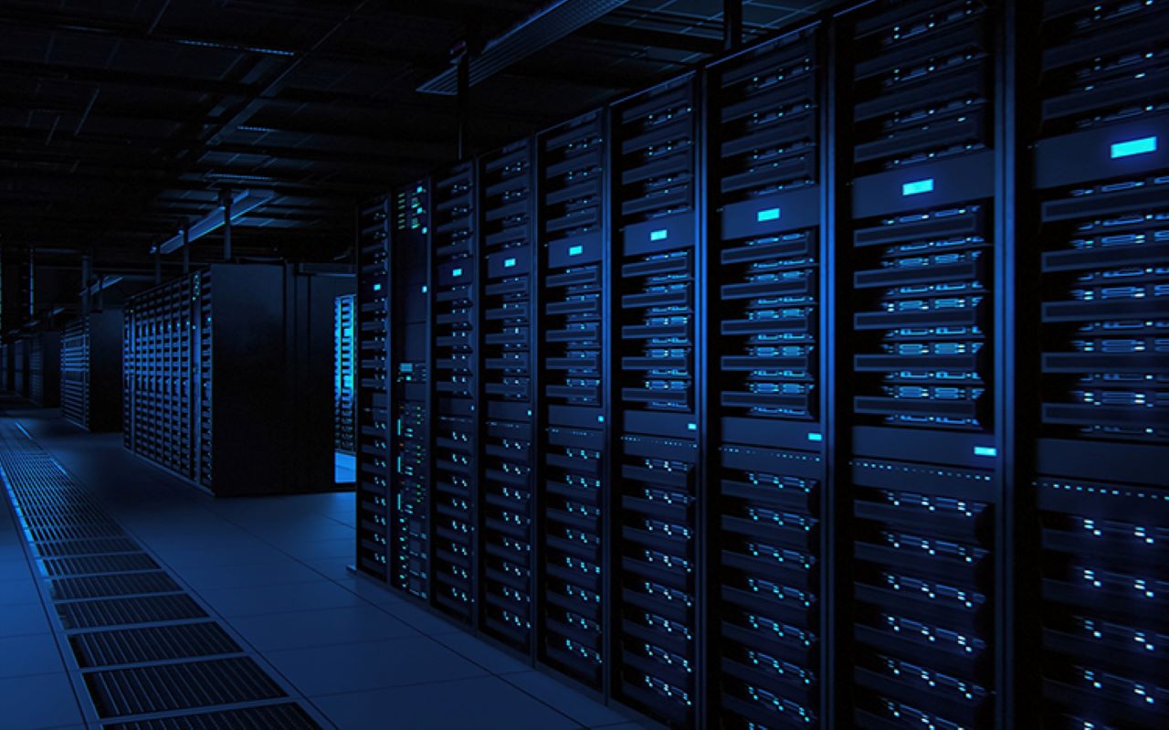 a server room in dark blue light