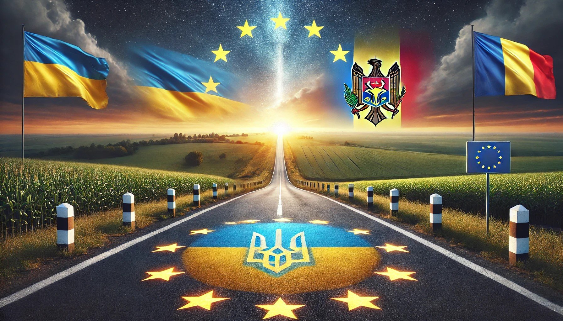 a road with the flags of ukraine and moldova