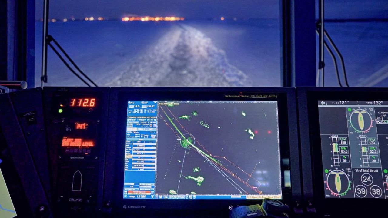 A display and a view from the icebreaker’s bridge