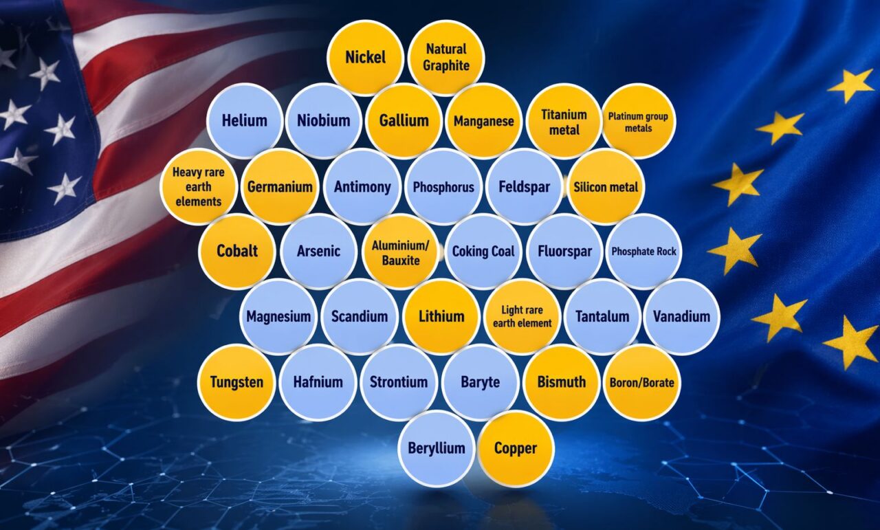 bubbles with names of critical raw materials, US flag, EU flag