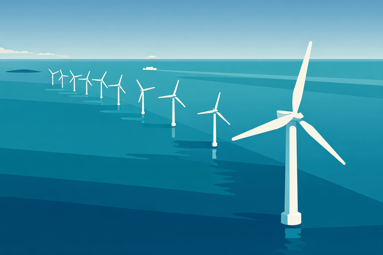 wind turbines, offshore wind, renewable energy, wind farm, ocean, sea, sustainability, green energy, clean energy, power generation, electricity, nature, environment, eco, climate, technology, energy production, offshore, marine, horizon, minimal, modern, landscape, blue, industry, ai generated