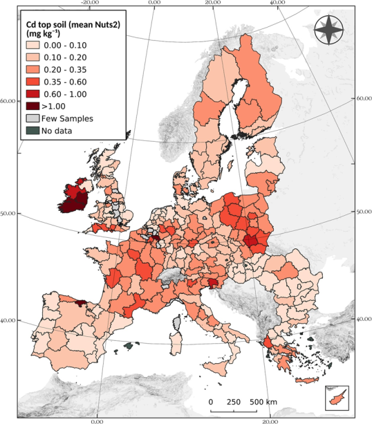 Aggregated average cadmium concentration (mg kg−1) at regional level. No data available for Croatia