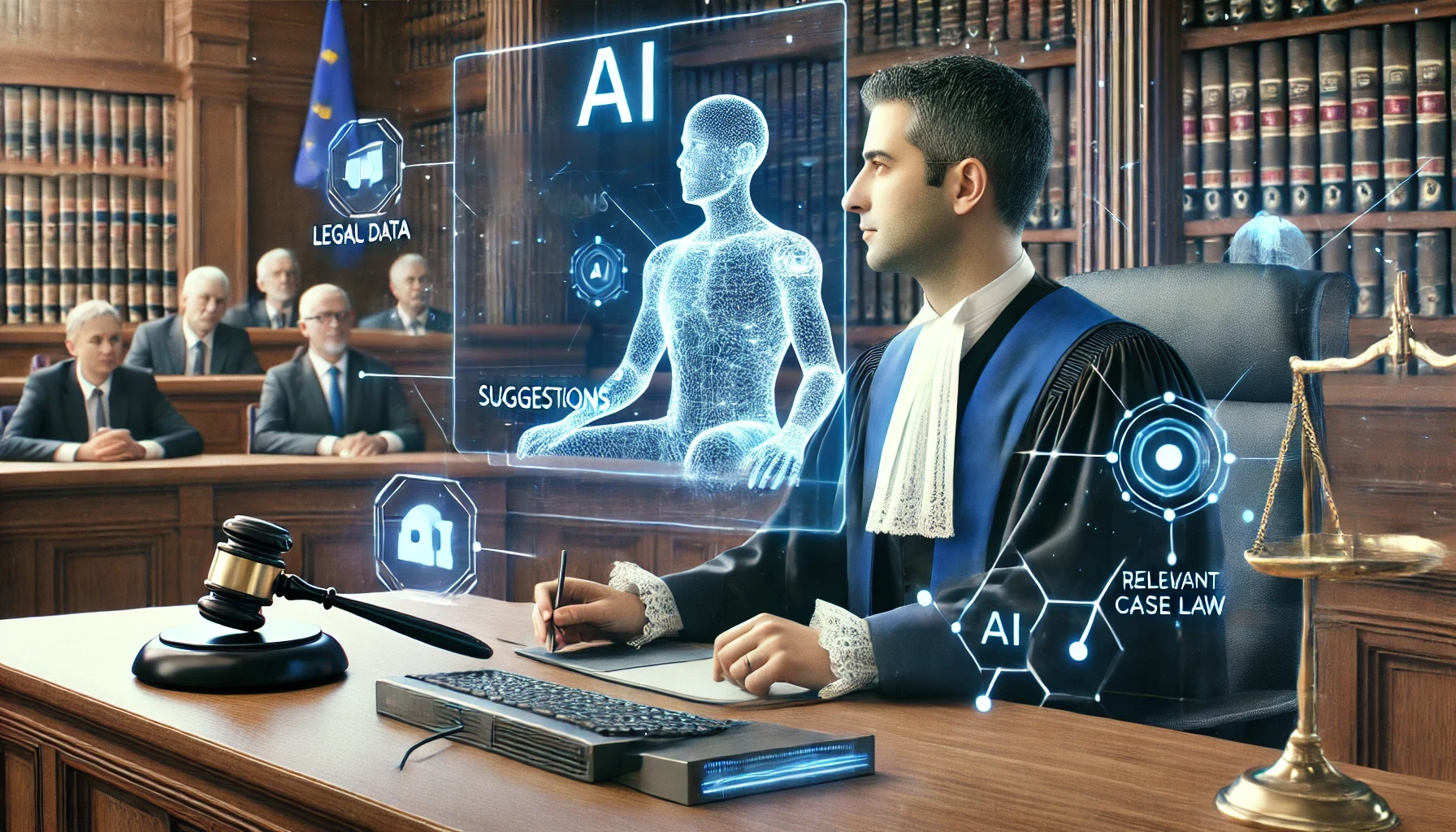 A European judge sitting in a courtroo, using artificial-intelligence technology to-assist in decision-making