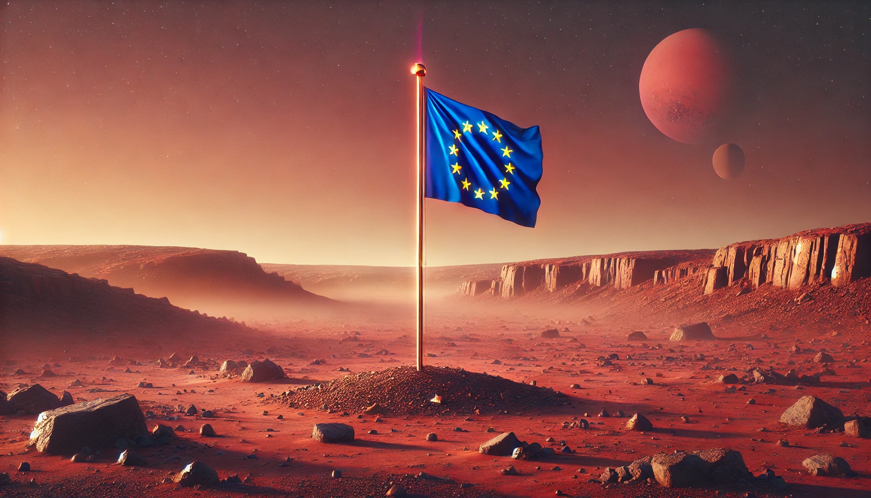 The flag of the European Union in a Marsian landscape