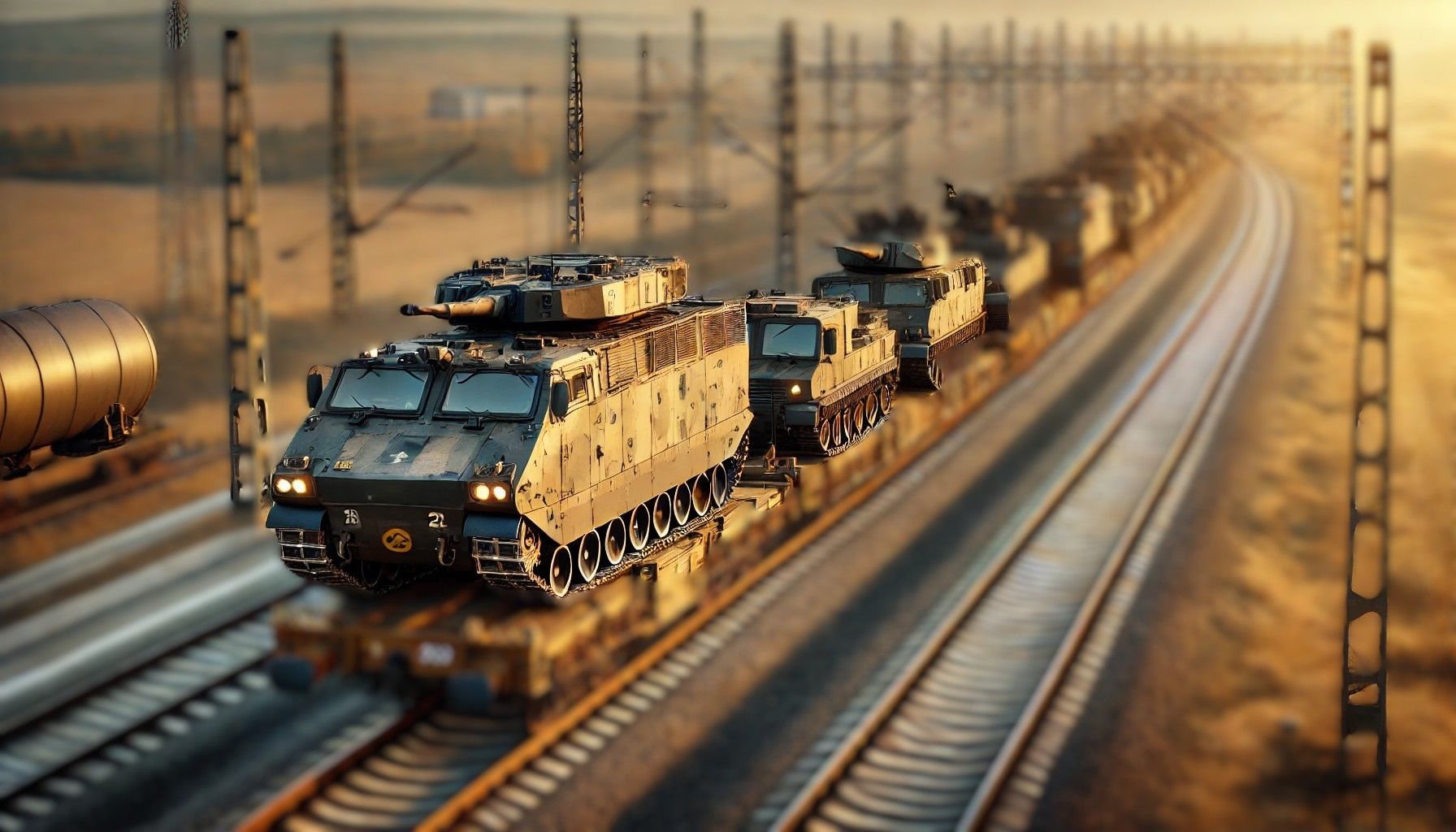 illustration of a militray transport train carrying tanks.