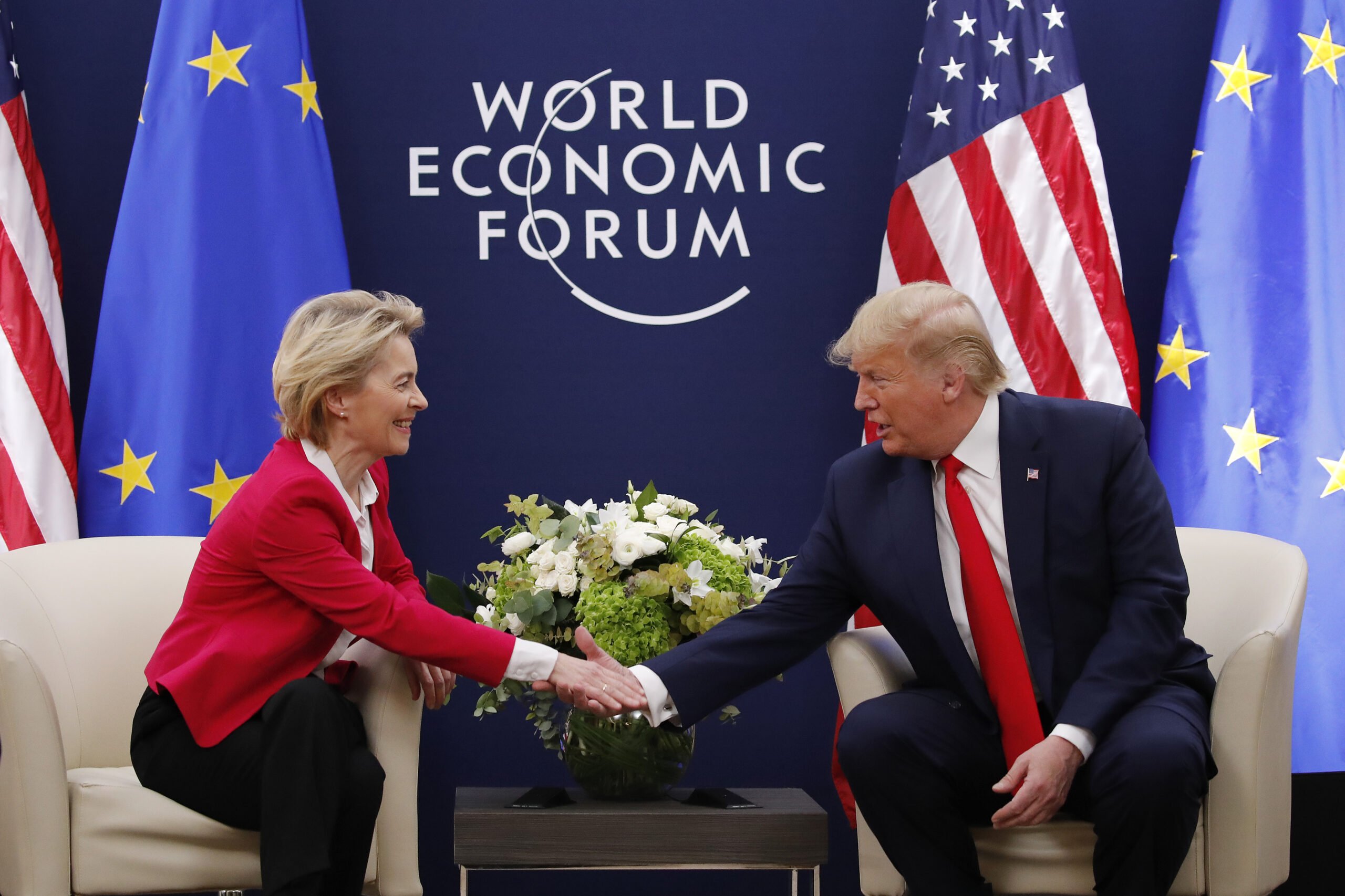 Handshake between Ursula von der Leyen and Donald Trump at the World Economic Forum 2020.