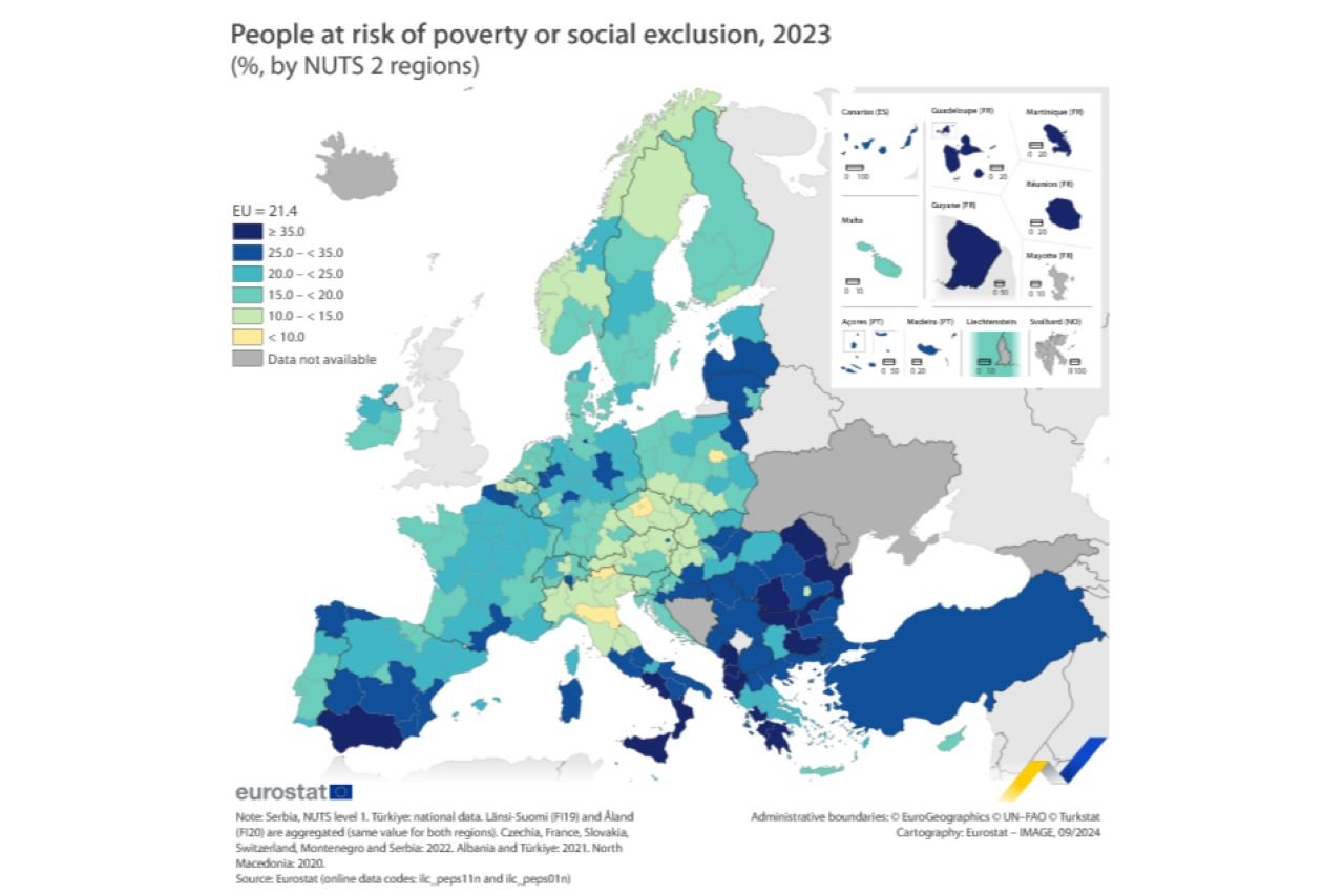 Risk map of poverty or social exclusion in regions 2023 Eurostat