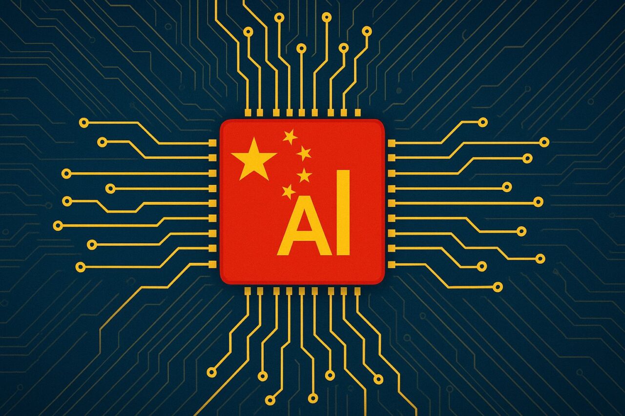 Chinese flag as center of an AI chip.