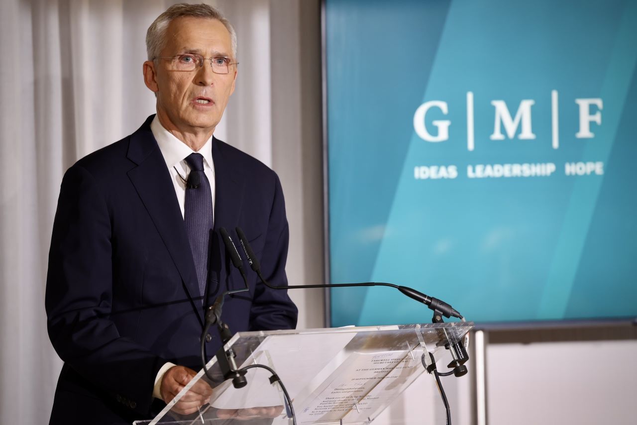 NATO Secretary General Jens Stoltenberg speaking at an event hosted by the German Marshall Fund