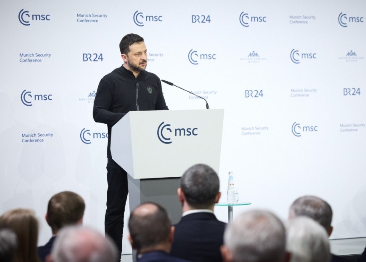 Ukrainian President Zelenskyy speaking at the MSC