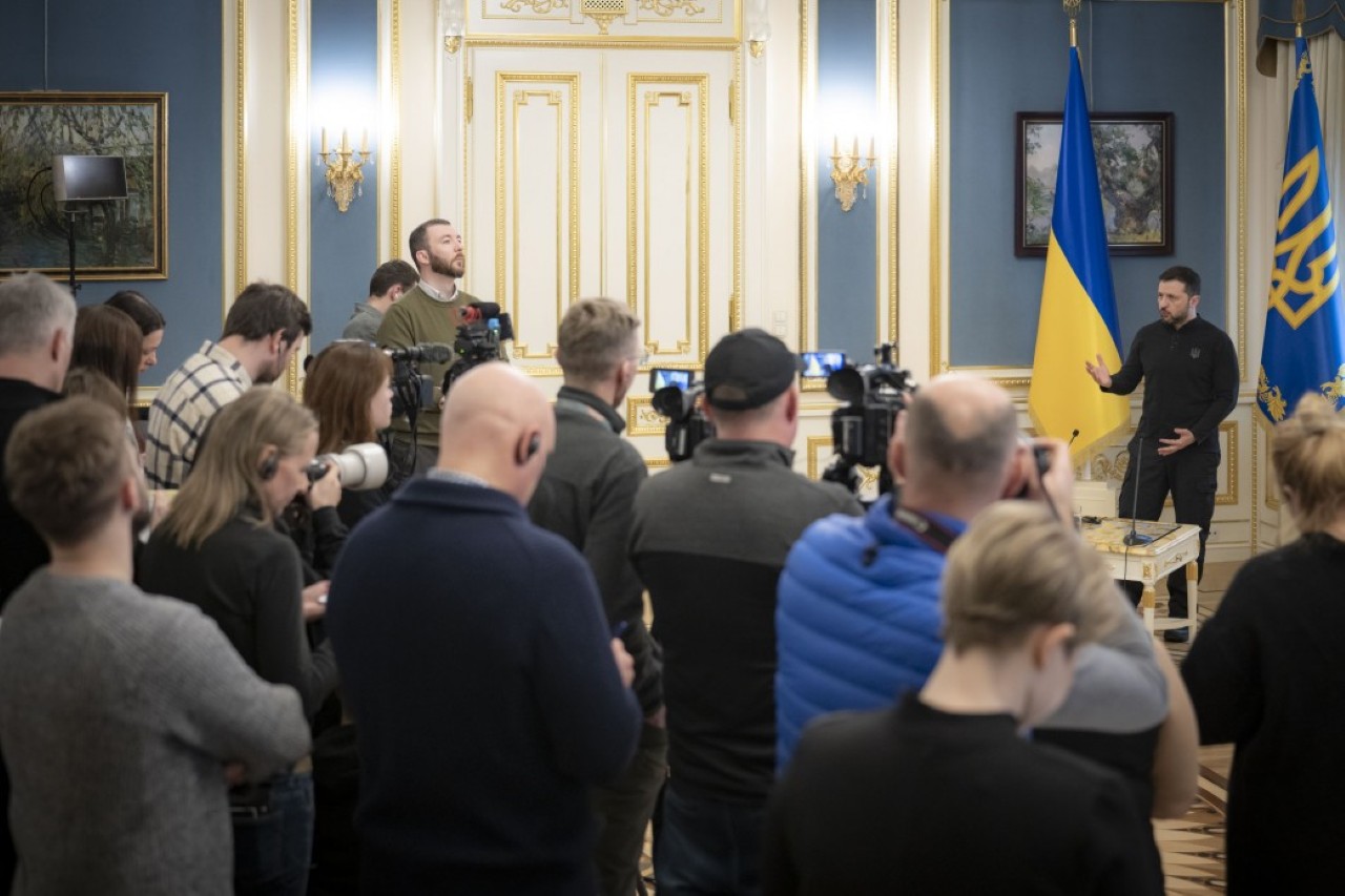 President of Ukraine Volodymyr Zelenskyy during a briefing for the media